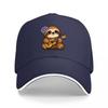 Sloth Playing Ukulele Baseball Cap with Floral Design Black Adjustable Hat for Music Lovers and Nature Enthusiasts