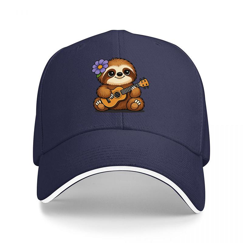Sloth Playing Ukulele Baseball Cap with Floral Design Black Adjustable Hat for Music Lovers and Nature Enthusiasts