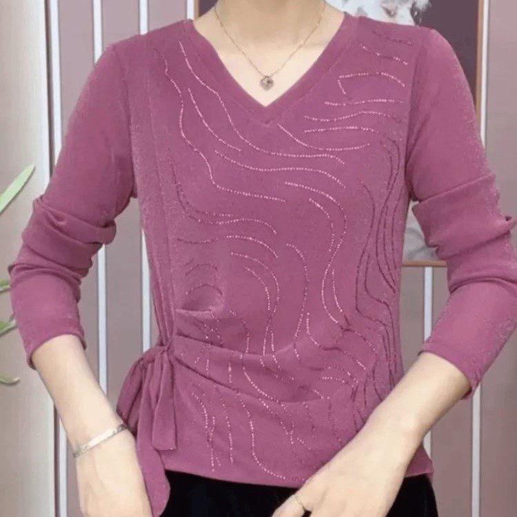 Новый иностранный стиль V-образный вырез горячая ромбовидная нижняя рубашка ранняя осень одежда для мам темперамент уменьшающая возраст и тонкие длинные рукава женские топы прилив