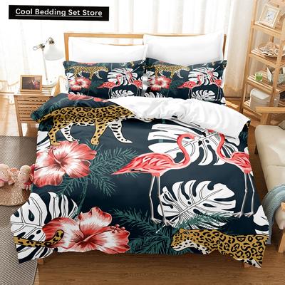 Пододеяльник с изображением фламинго King Queen Tropical Palm Leaves Flower Комплект постельного белья для взрослых Red Animal Floral 2/3 шт. Полиэстеровый пододеяльник