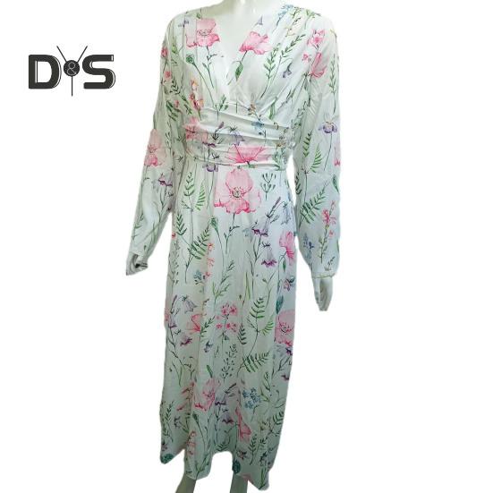 Women Elegant Floral Print Maxi Dress V Neck Long Sleeve High Waist Gown Dress A Line Long Dress Streetwear