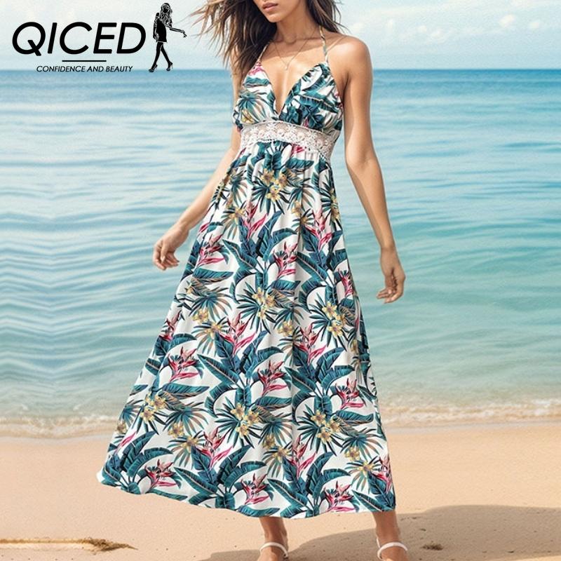 QICED Летнее женское праздничное платье с лямкой на бретельках и растительным принтом