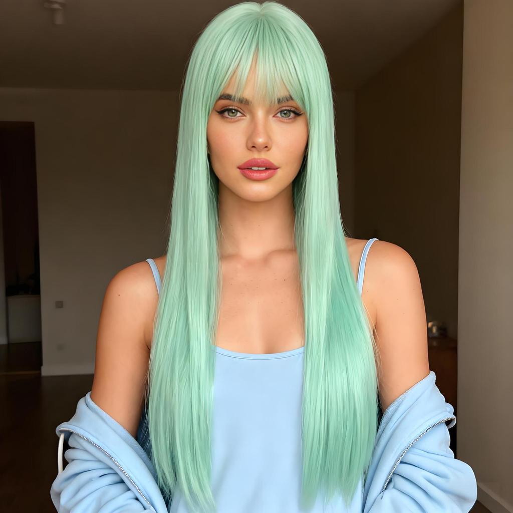 Длинная прямая аниме-парик для косплея мятно-зеленого цвета с челкой-воздухом для женщин