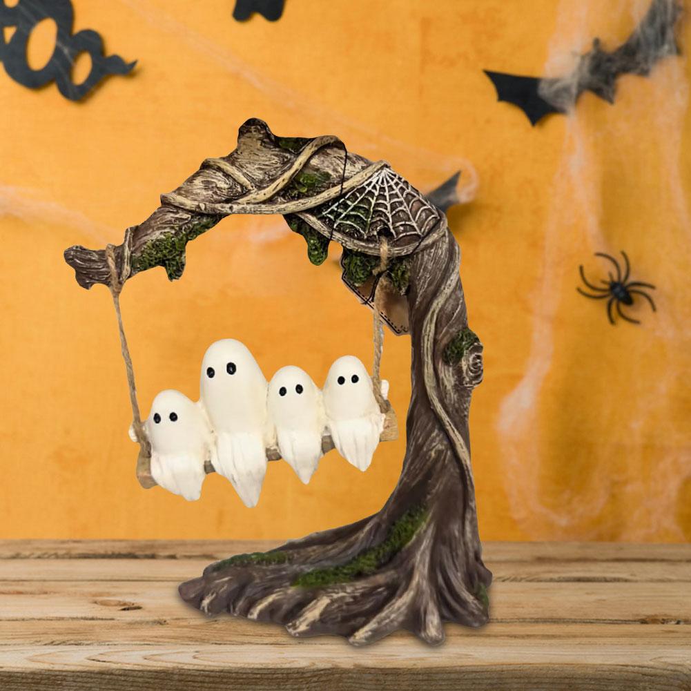 Halloween Cute White Ghost Tree Swing Decoration Resin Spooky Statue Home Car Ornaments For Desk Windowsills Dining Tables