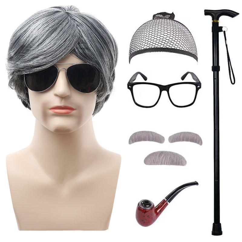 Аутентичный костюм дедушки с серым париком, аксессуарами для бороды и тростью для праздничных торжеств