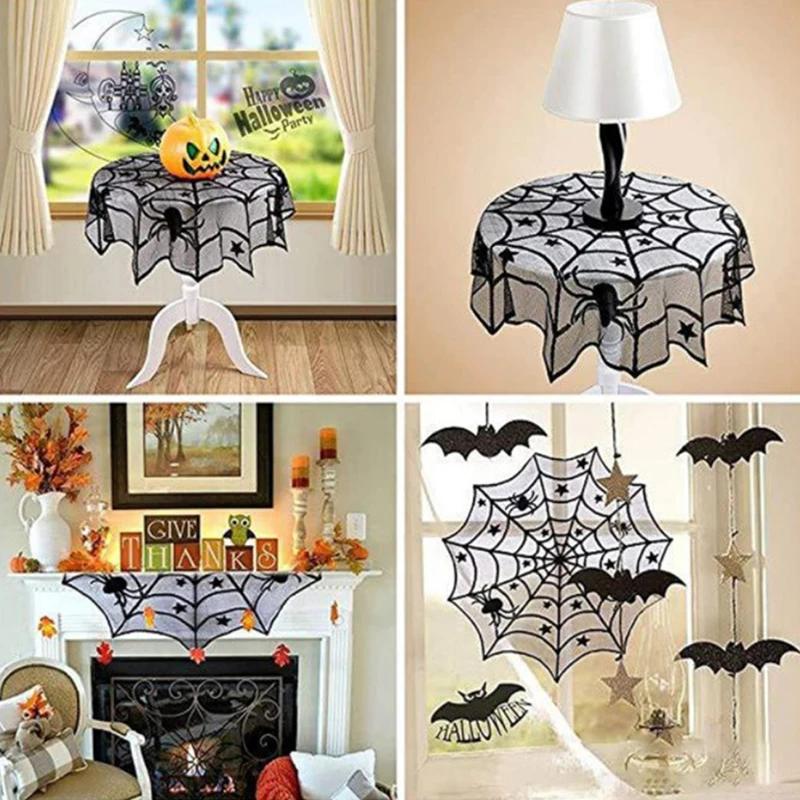 2025 Halloween Decoration Lace Spider Web Skeleton Skull Tablecloth Black Fireplace Mantel Scarf Event Party Supplies