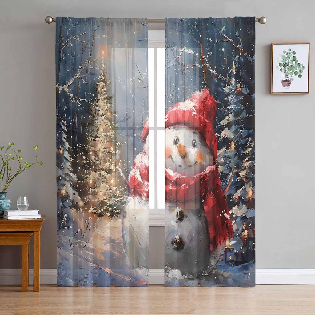 Christmas Tree Snowman Vintage Oil Painting Sheer Curtains Modern Gauze Curtain for Living Room Bedroom Voile Yarn Curtains