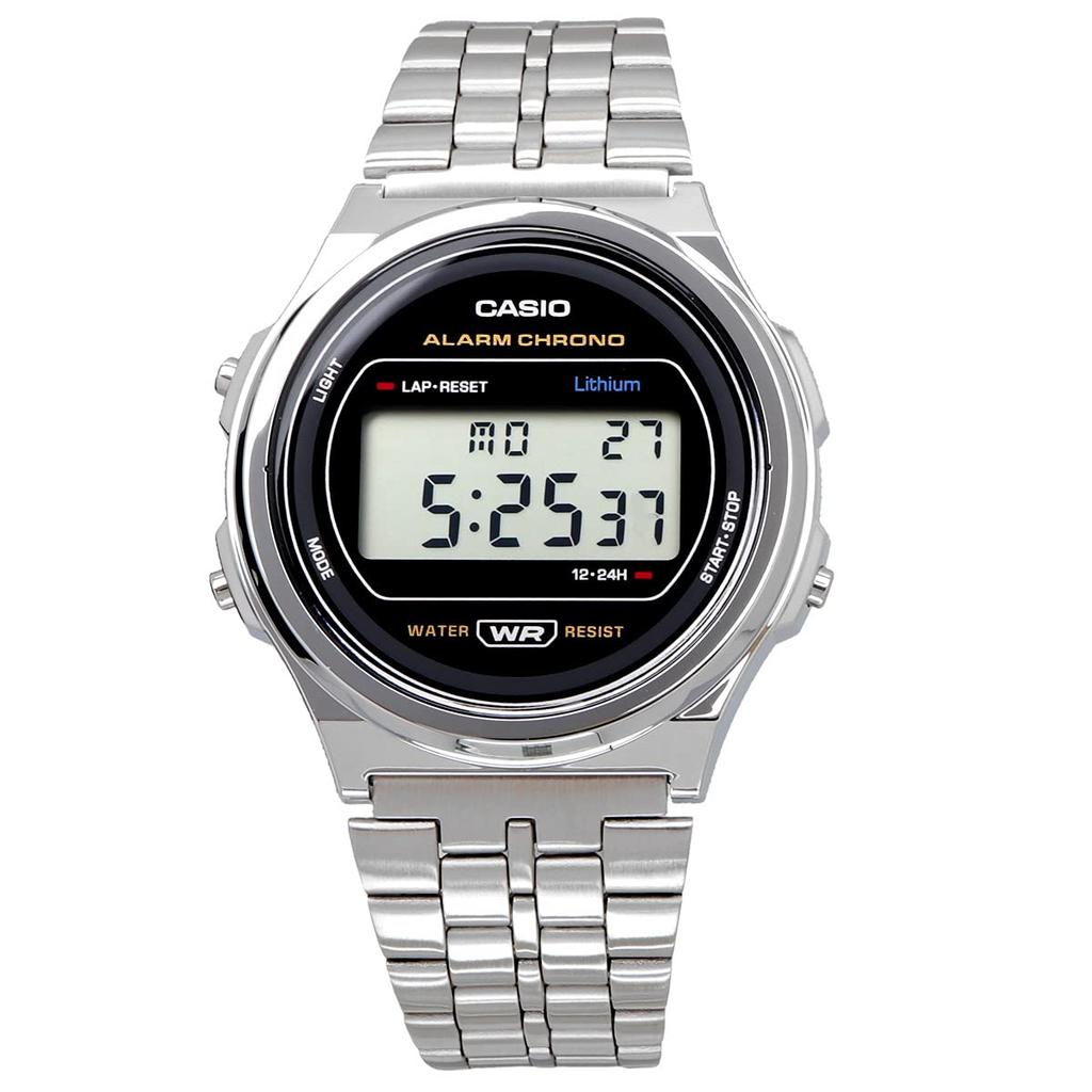 Casio Casio Casio Стандартные винтажные часы унисекс классические кварцевые цифровые металлические серебристо-черные A171WE-1A [Товар]