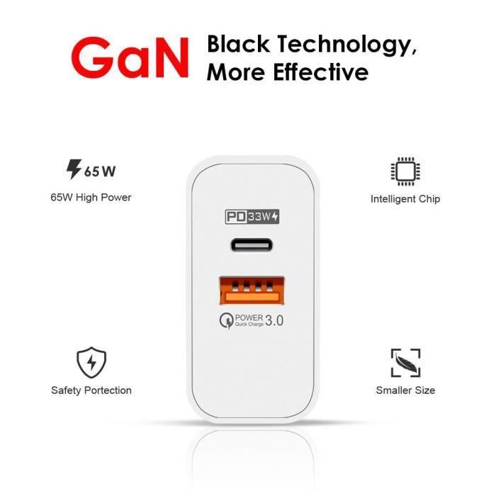 Зарядное устройство USB-C 65 Вт - e.F.Connection - 2-в-1 - PD 33 Вт - QC 3.0 - Кабель 1 м