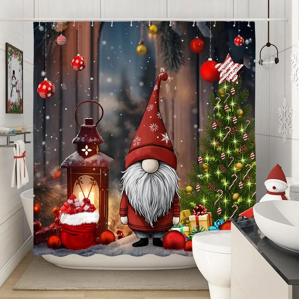 Веселые рождественские занавески для душа Зимняя снежинка Рождество Сосновые листья Лампа Праздник Фермерский дом Ткань для ванной Занавеска для ванной Декор для ванной