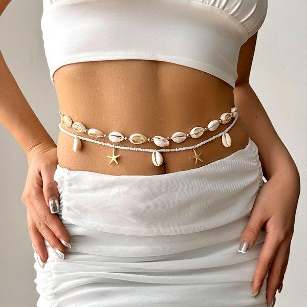 2PCS/Set Simple White Shell Bead Tassel Waist Chain for Women Summer Beach Vacation Accessory Layering Body Chain Gift