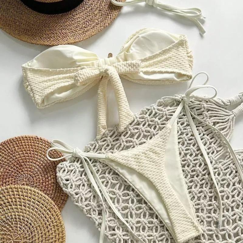 Купальник Однотонный Бикини Европейский и Американский Сексуальный Бикини на Шнуровке Женский Маленький Свежий Раздельный Пляжный Стиль Чистое Желание Купальник