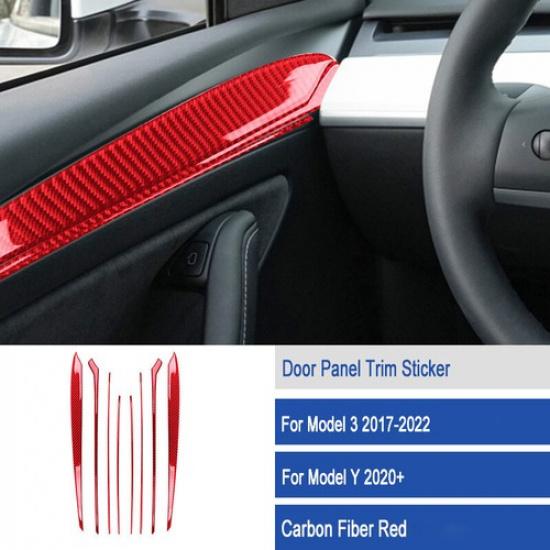 Red Carbon Fiber Car Inner Door Panel Decoration Strip For Tesla Model 3 Y 17-22