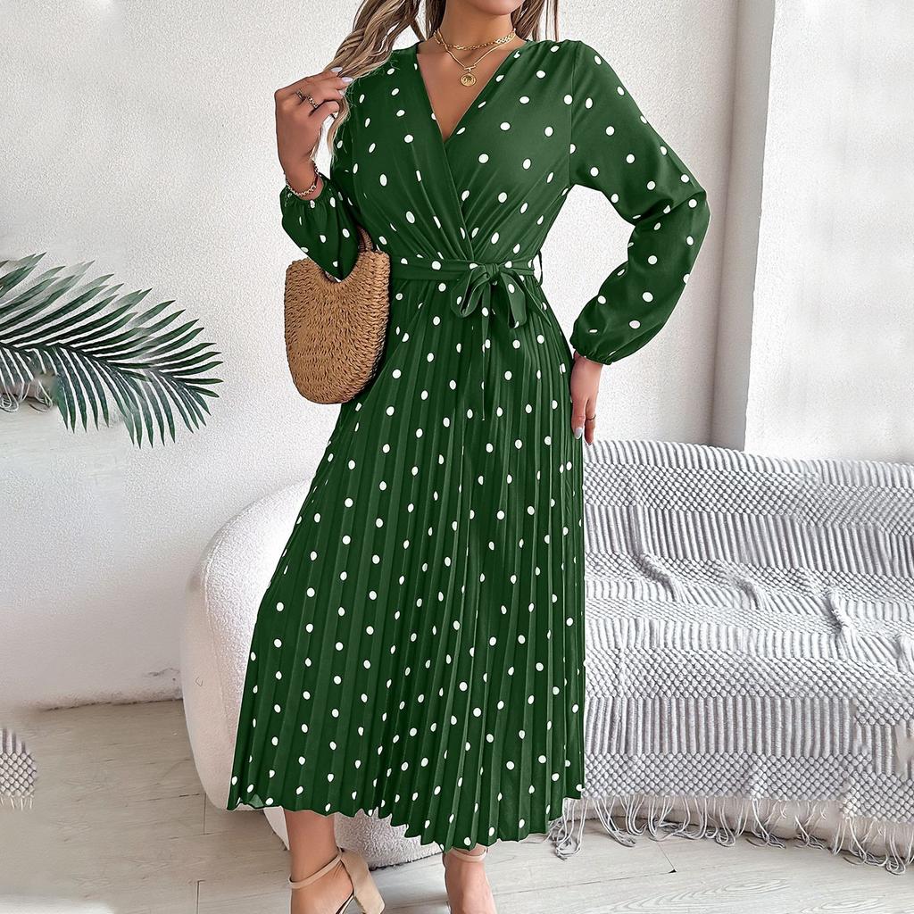 Женское модное элегантное плиссированное длинное платье в горошек с крестом и V-образным вырезом с длинными рукавами и галстуком