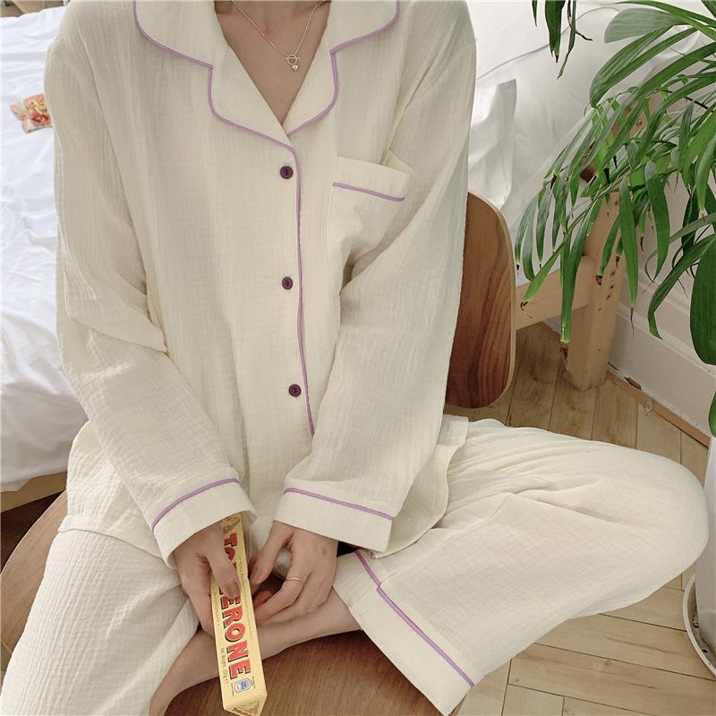 Хлопковые пижамы из пряжи, женские французские винтажные элегантные пижамы, простой кардиган с длинными рукавами, брюки, осенний стиль принцессы, домашняя одежда, домашний костюм из двух предметов