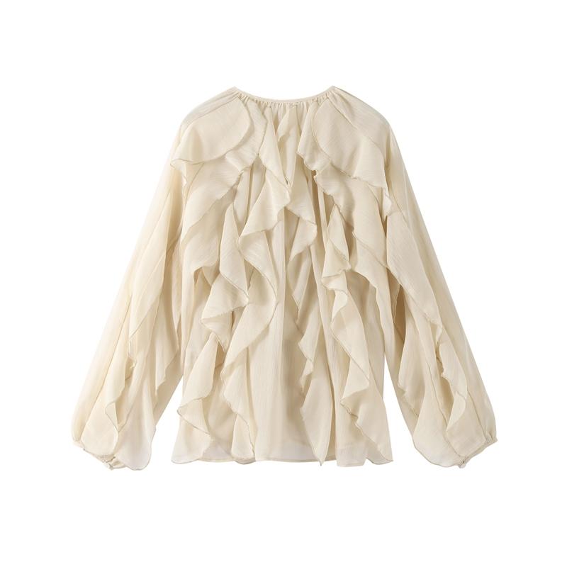 Chic Chiffon Ruffled Shirt Women Elegant Loose V-neck Long Sleeve Shirts Female 2025 Spring Vacation Street Lady Blouse Tops