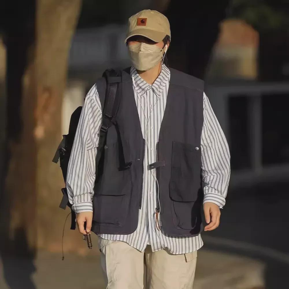 Мужской ретро-жилет CityBoy в японском стиле с несколькими карманами - функциональный дизайн без рукавов на молнии