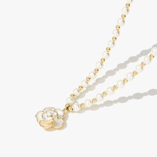Women Girl Faux Camellia Necklace Flower with White Pearl Pendant Temperament Dressing-Up Beaded Faux Pearl