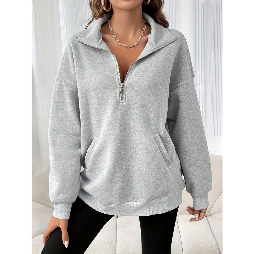Zipper Slant Pockets Pullover Sweatshirt, Casual Long Sleeve Crew Neck Sweatshirt For Fall & Winter, Women's Clothing