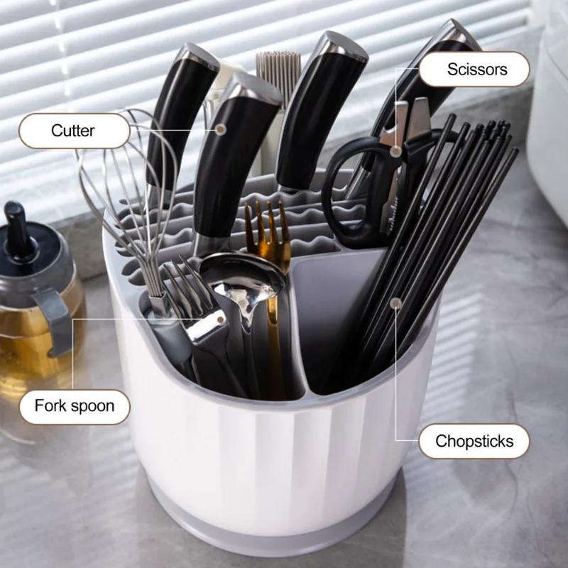 360 Degrees Rotating Knife Holder Multi-Function Utensil Holder Knife Block Flatware Drainer Storage Box Spoon Fork for Kitchen