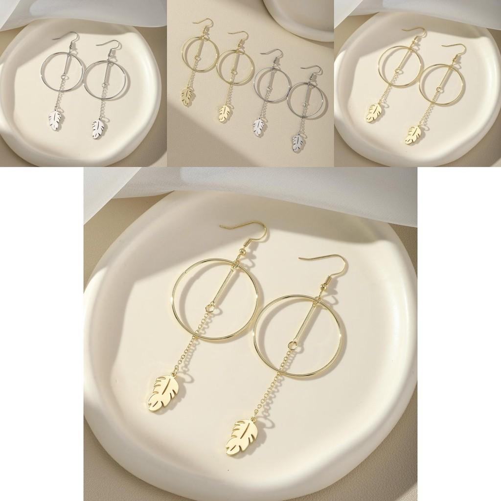 Oversized Stainless Steel Earrings With Leaf Feather Tassels Geometric Design