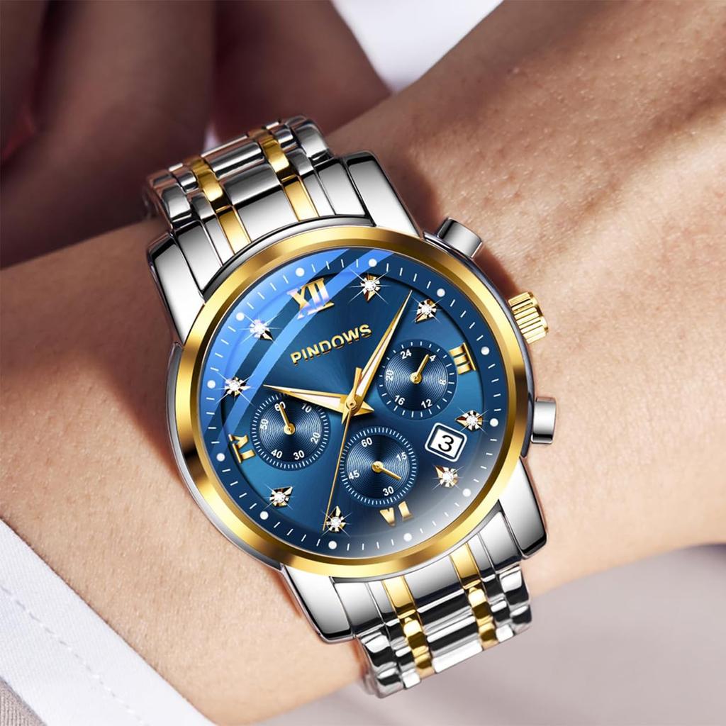 PINDOWS роскошные кварцевые аналоговые часы с большим циферблатом и датой водонепроницаемые модные деловые часы из нержавеющей стали классические часы с люминесцентным календарем для мужчин