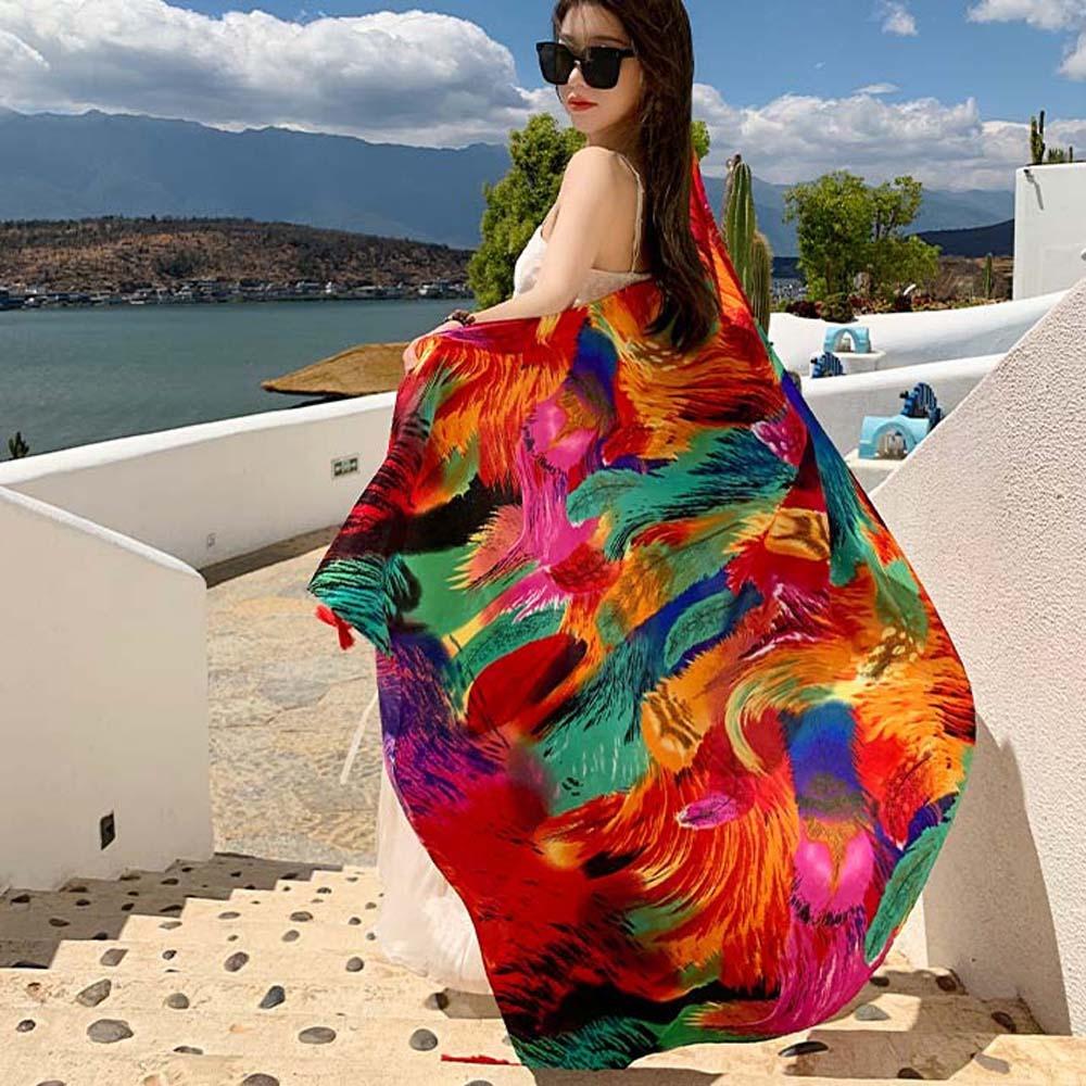 Cotton Ethnic Style Yarn Shawl Breathable Square Hijab Scarf Sweet Big Pattern Headscarf  Summer