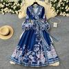 New Printted High Street Dresses For Women V Neck Long Sleeve Patchwork Sashes Temperament Dress Female Dresses