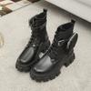 Модные женские ботинки на платформе, кожаные мотоциклетные ботильоны на танкетке, женская обувь на шнуровке, модные черные ботинки с ремешком, пряжкой и карманом