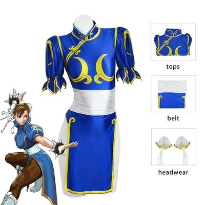 Платье для косплея Chun Li, костюм для игры SF Chunli, синий костюм Qipao для ролевых игр, полный комплект, костюм Джеки кунг-фу для Хэллоуина, вечерние костюм для развлечения