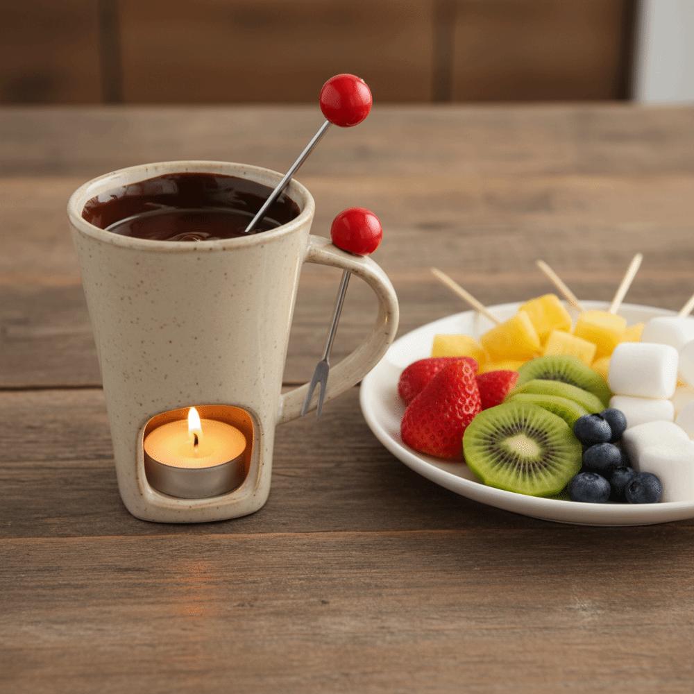 Ceramic Tea Light Chocolate Melting Cup with Fork Cheese Melting Pot Butter Warmer Pot Fruit