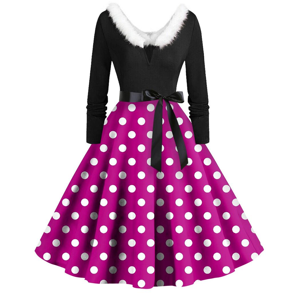 Women's Casual And Fashionable Long Sleeved V-neck Polka Dot Print Matching Zipper Dress