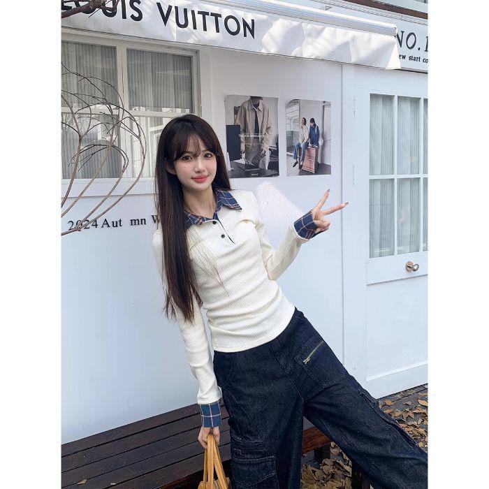 Корейский стиль, клетчатый колор-блок, поло-воротник, костюм-двойка, длинный рукав, облегающий крой, женский, миниатюрный, весенний топ