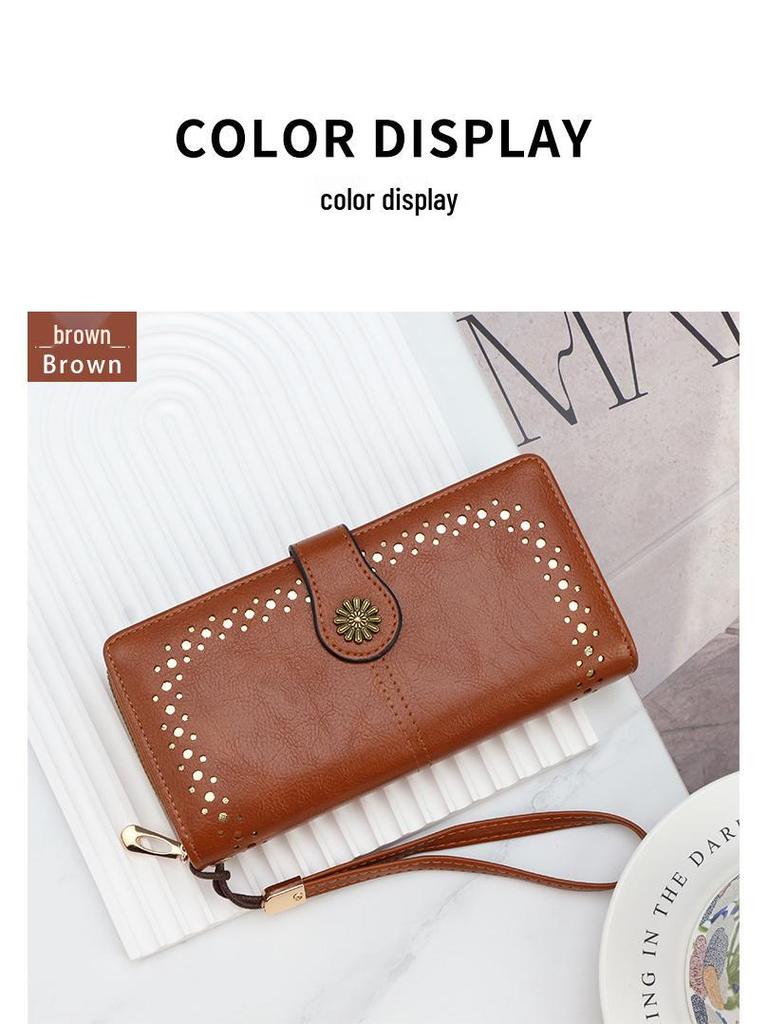 Women's Oil Wax Leather Zipper Wallet with Coin Purse & ID Holder