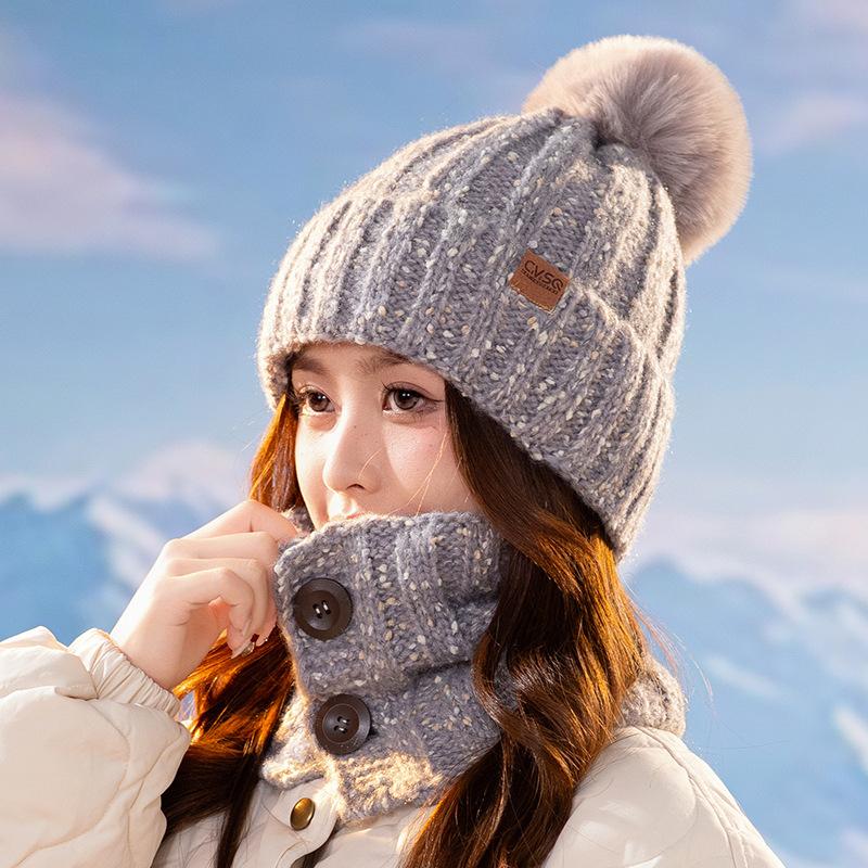 Winter Women Knitted Hat Scarf Set Thickened Fleece Lining Skullcap Outdoor Cycling Warm Wind Protection Beanies