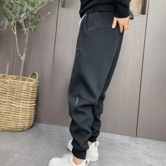 Men Pants Drawstring Elastic Waist Ankle-banded Patchwork Casual Soft Warm Pockets Loose Ninth Pants