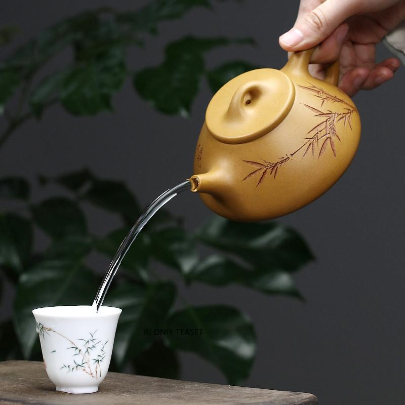 260 мл Китайский Исинский Чайник из Фиолетовой Глины Каменный Совок Ручной Работы Лист Бамбука Цзыша Чайник из Сырой Руды Золотой Секции Глины Чайный Набор