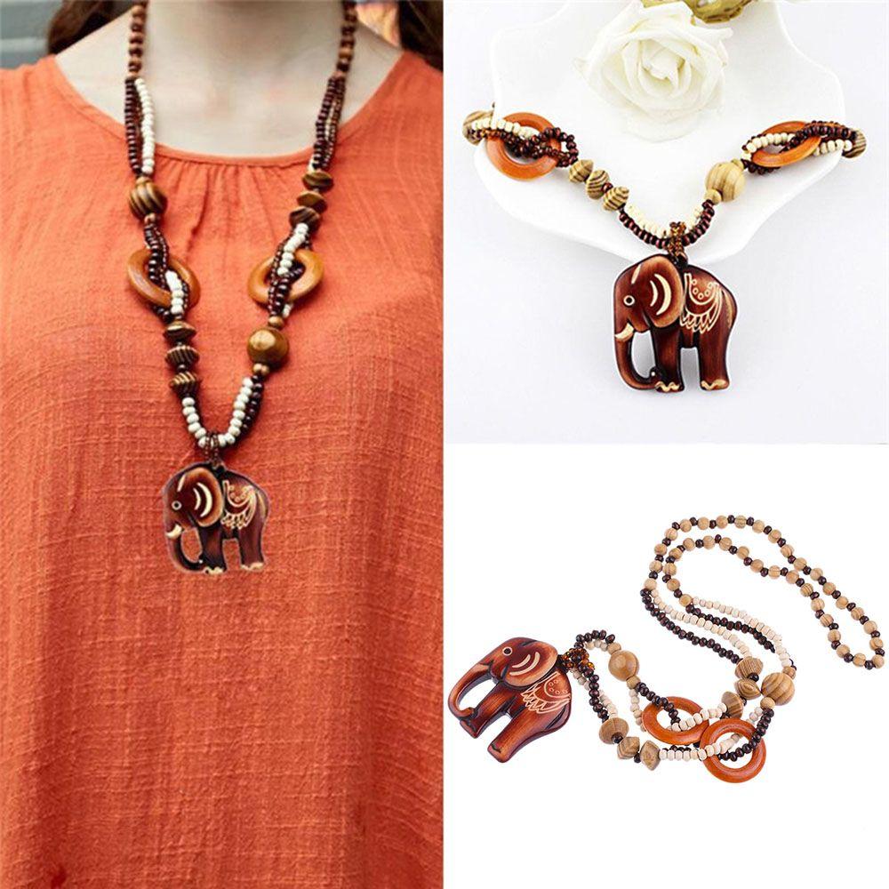 Wholesale Price Hot Sale for Women Necklace Long Hand Made Bead Wood Elephant Pendant Ethnic Style