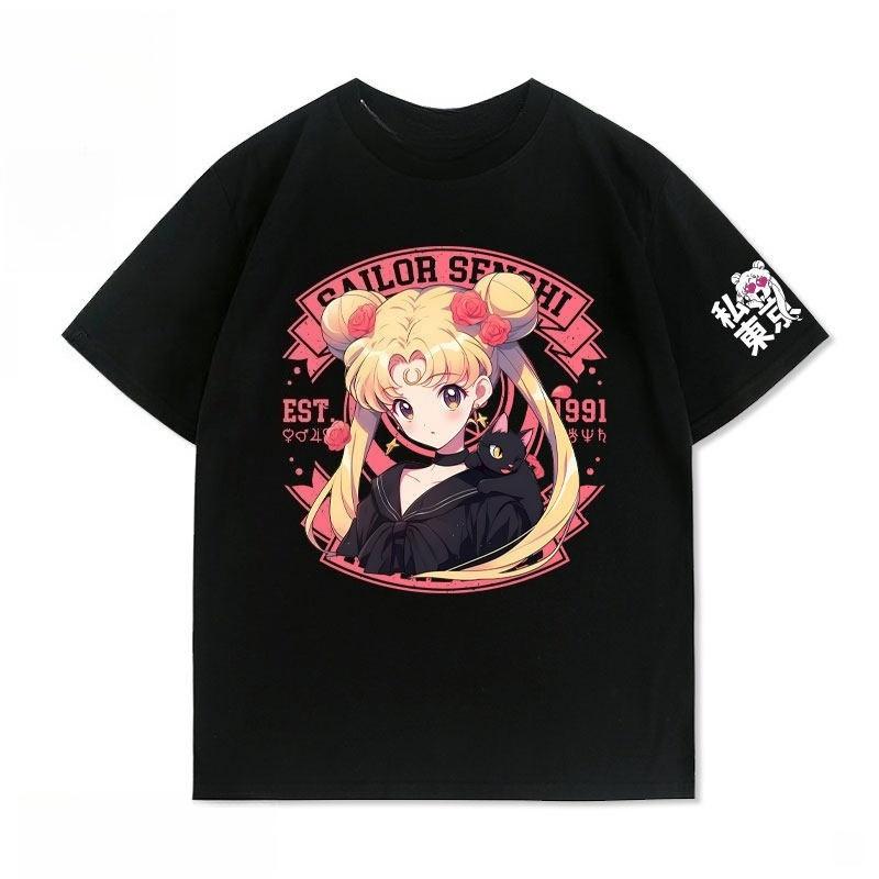 New Sailor Moon Aqua Ice Anime and Cartoon Accessories for Shortsleeved Tops Cute Couplestyle Cotton Shortsleeved Tshirts