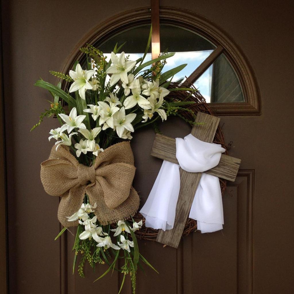 Пасхальный венок с крестом Пасхальный венок из виноградной лозы с бантом Пасхальные украшения Пасхальный декор