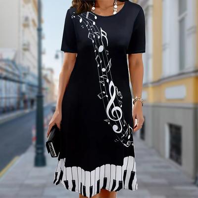 Модное женское свободное платье-трапеция с принтом фортепианной музыки и коротким рукавом с круглым вырезом и принтом листьев