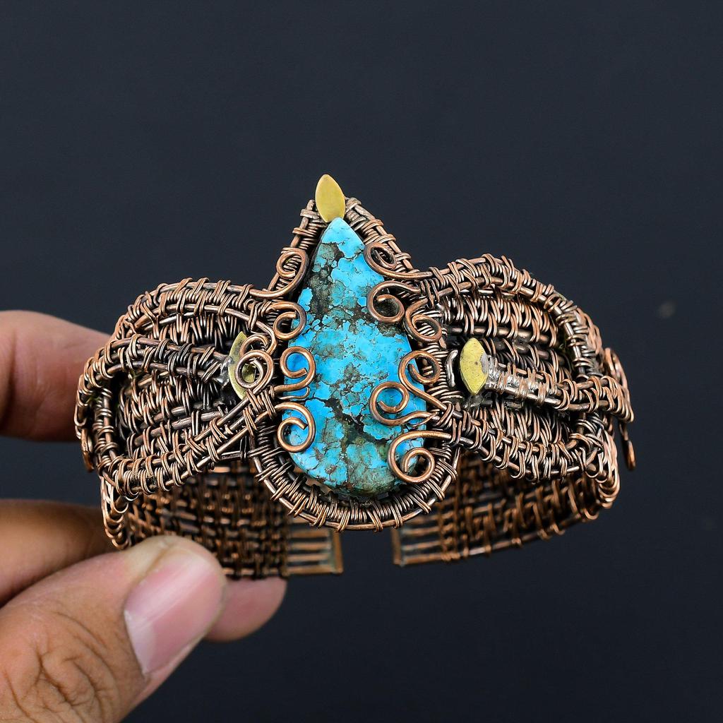 Charming Turquoise Gemstone Handmade Copper Wire Wrap Jewelry Adjustable Bracelet