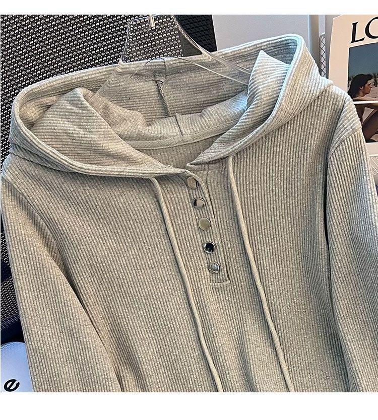 Plus Size 240 Jin Loose Fit Drawstring Hooded Long Sleeve Women's T-shirt - Spring/Autumn Slimming Base Top