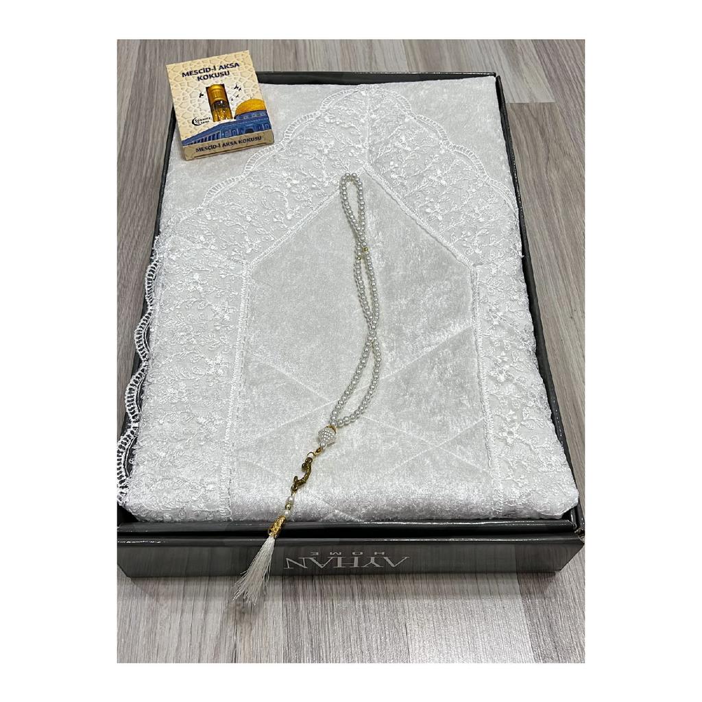 3 Piece Prayer Rug Set, Dowry Bundle Boxed, Velvet Laced Bride And Groom Set