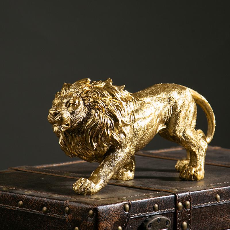 Lion Statue in Gold Resin Detailed Animal Sculpture Luxurious Home Bedroom Ornament