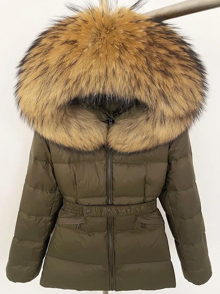 OFTBUY 2024 Winter Jacket Women Natural Real Raccoon Fox Fur Collar Hooded White Duck Down Coat Belt Thick Warm Casual Outerwear