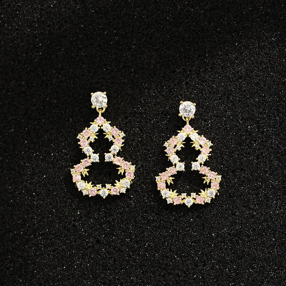 Light luxury high-end pink zircon gourd earrings new Chinese style romantic women's earrings 925 silver needle earrings