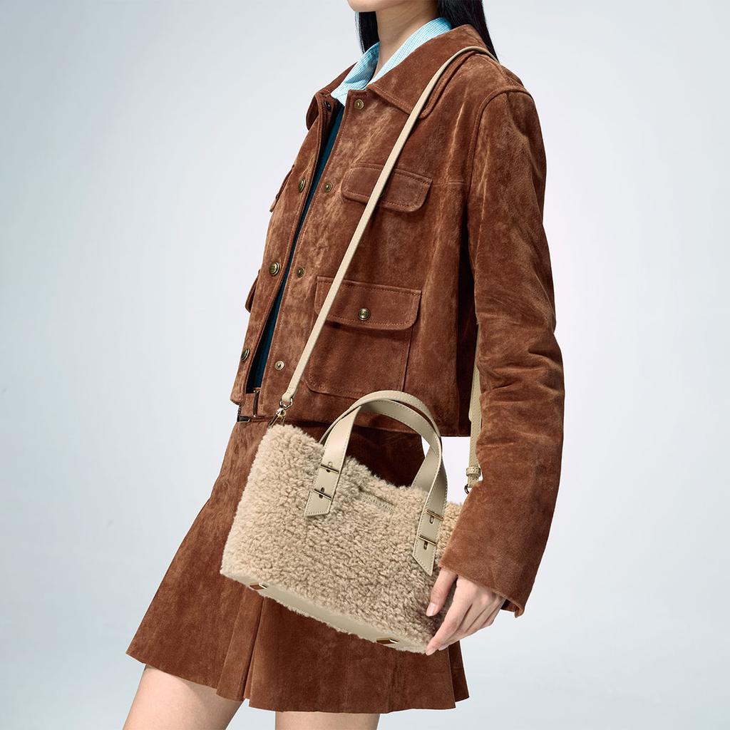 Charles & Keith Minimalist Mother And Child Tote Bag Plush Crossbody Bag PU Spliced Fabric Shoulder Bag Small Size Women tote bags CK2-30782725-2