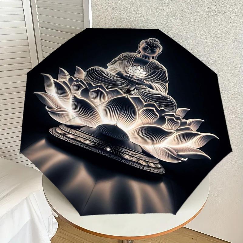 1pc Buddha Lotus Automatic Open/Close Umbrella Compact Folding Umbrella with 8-Rib Shaft for Women/Men, Elegant Birthday1167S