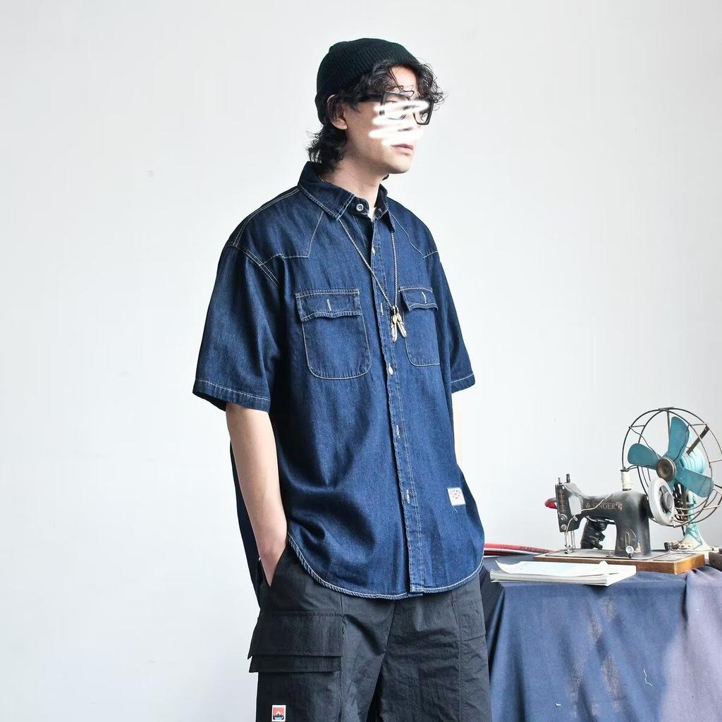 Японский ретро модный бренд летняя свободная джинсовая рубашка с короткими рукавами художественная молодежная рабочая рубашка мужская и женская многослойная куртка